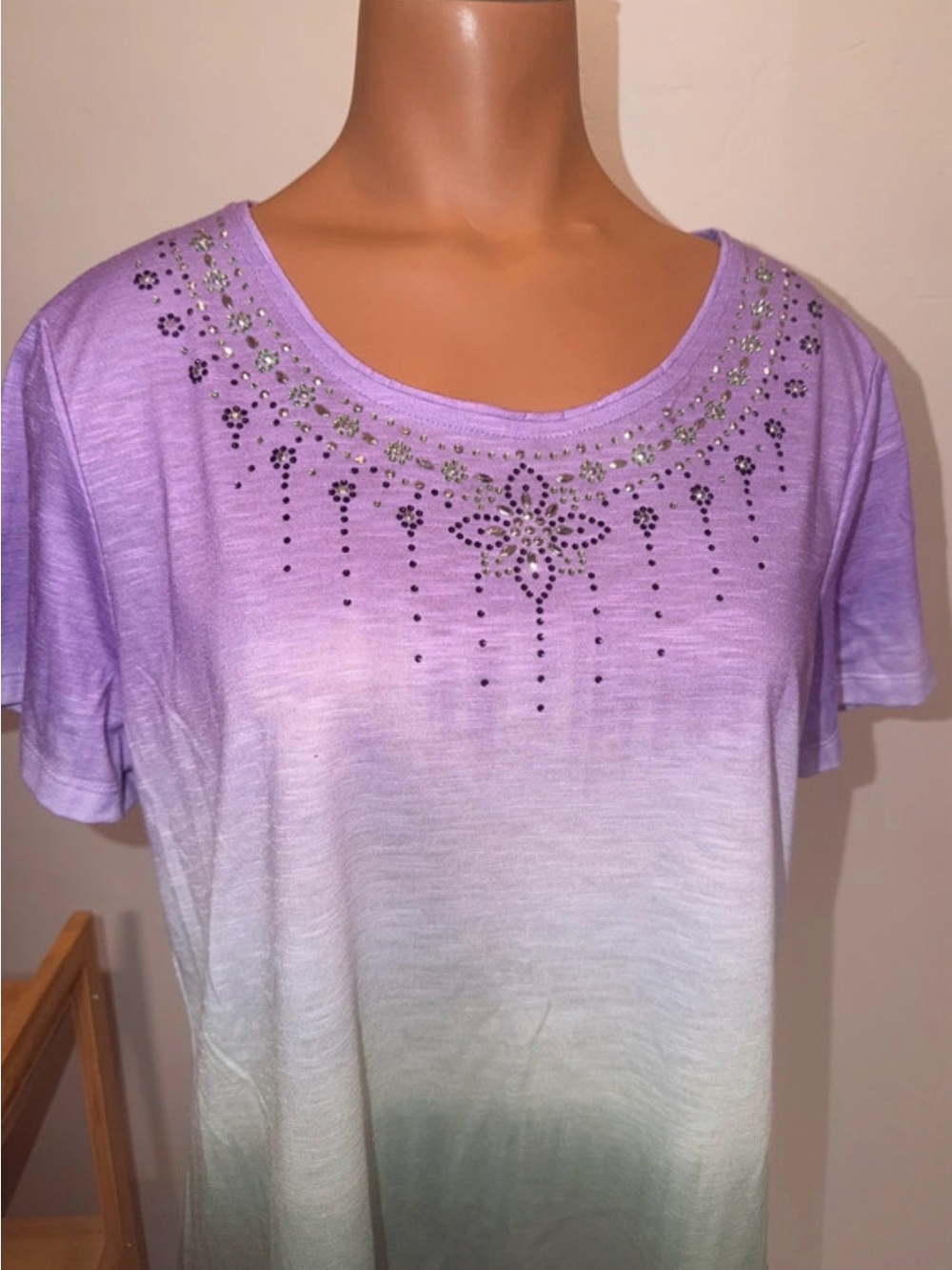 Allison Daley Lavender Ombre Short-Sleeve blouse Tee shift with Rhinestone Detai